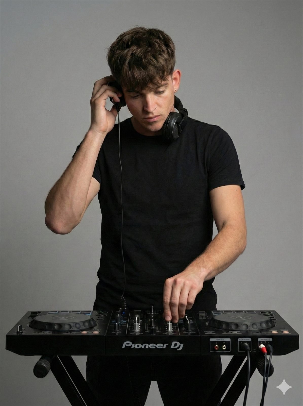 Retrato de DJ Abad con cascos frente a la controladora